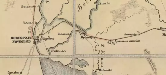 Карта направления железной дороги, шоссе, водяных сообщений и станции между С.- Петербургом и Москвою 1851 год - screenshot_1153.webp